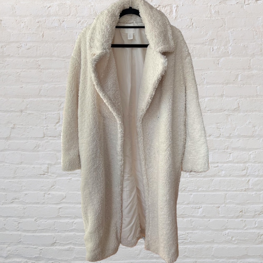 H&M White Longline Shearling Teddy Coat Size S